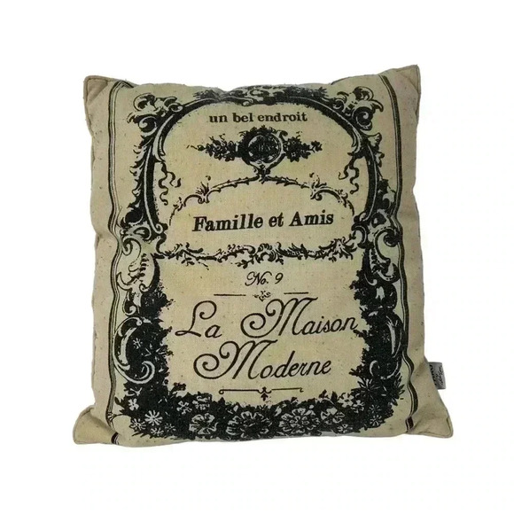 THRO BY MARLO LORENZ PILLOW FRENCH WORDING PILLOW CANVAS BEIGE BLACK - Picture 1 of 10